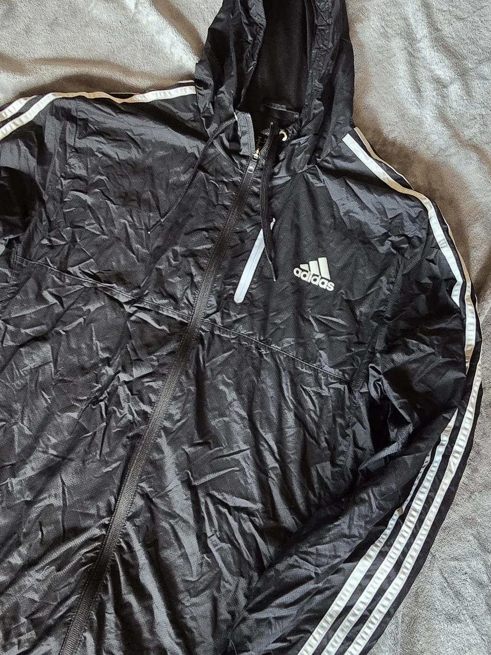 Adidas Mens Black 3-Stripe Full Zip Hooded Windbreaker Jacket XL